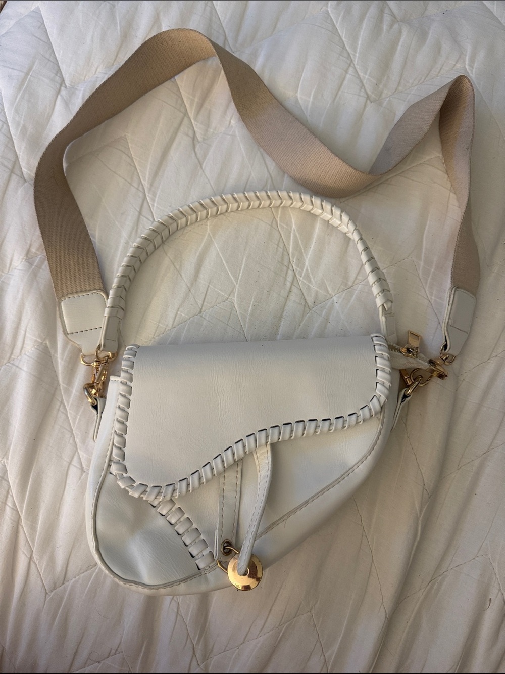 Amazon White Braided Saddle Crossbody Bag with Beige Strap